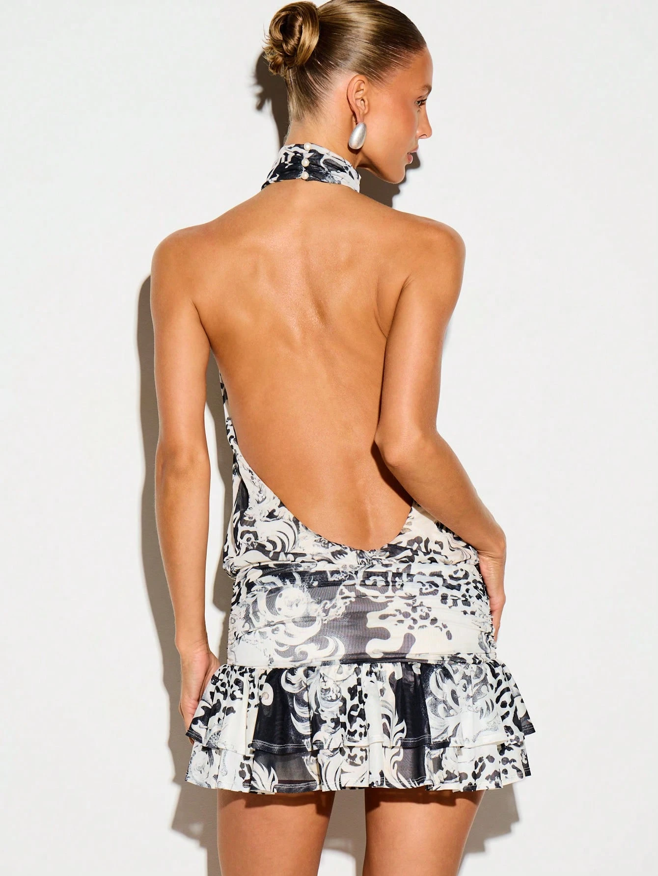 Halter Neck Backless Mini Dress With Frill Hem