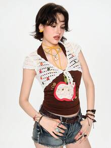 Sweetness Áo khoác ngoài nữ phong cách vintage đồng quê đi nghỉ mát, dệt kim rỗng, trang trí nút màu sắc - Màu be - Xem 6