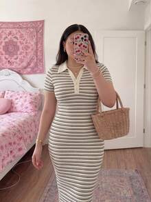 SHEIN MOD 大码女式休闲通勤条纹 Polo 领修身中长连衣裙，冬季，女士沙滩时尚，感恩节，学院风，办公室，工作连衣裙，翻领连衣裙，黑白棕条纹女式连衣裙，翻领连衣裙 - 彩色 - 查看 6