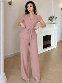 Nuevo conjunto elegante y casual de estilo coreano con mangas cortas y cintura ceñida, versátil para el trabajo y el uso diario - Rosa - Ver 4
