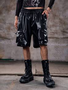 Skyrend Men's Black Faux Leather Cargo Shorts, Streetwear Styleemo Grunge - Black - View 2
