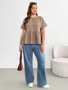 Shapeblank 大尺碼女款春夏時尚休閒寬鬆舒適日常基本百搭顯瘦黑色短袖娃娃衫，夏季穿搭，女裝上衣，黑色上衣，簡約風格，歐式夏季 - 摩卡棕 - 查看 1