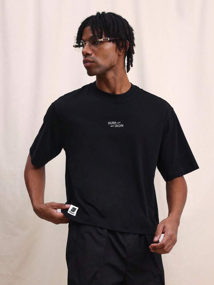 Men Crop Fit Crew Neck Short Sleeve T-Shirt With Metallic Back Graphics And Branded Text