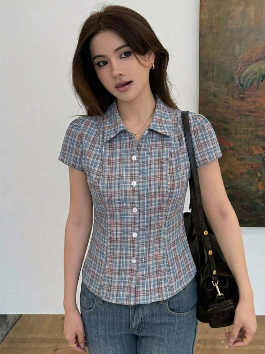 DAZY 格紋領口修身短袖女款襯衫 - 藍色 - 查看 1