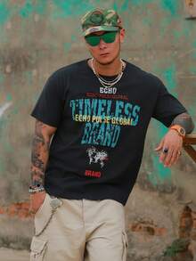 DAZY 男士圓領字母印花休閒百搭日常穿著短袖T恤 - 深灰色 - 查看 6