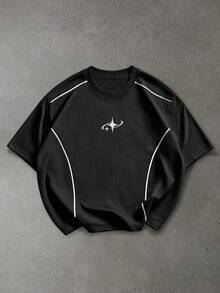 ROMWE MEN Street Life 男士 Techwear 分割線條 T-shirt - 黑色 - 查看 1