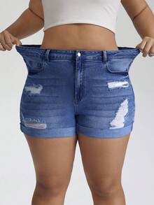 SHEIN CURVE+ Plus Size Summer Casual Washed Distressed Slim Fit Denim Shorts - Dark Wash - View 8