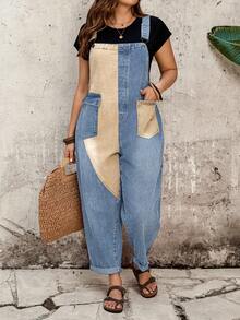 EMERY ROSE EMERY ROSE Plus Size Women's Colorblock Pocket Design Casual Denim Overalls - Light Wash - View 7