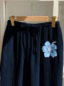 Comfortcana 女士印花抽绳阔腿宽松裤，100%纯棉沙滩裤，夏季休闲裤，藏蓝色 - 藏蓝色 - 查看 3