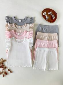 SHEIN Playful Pals 8件組/女嬰0-3歲春夏季新品休閒日常外出可愛素色針織不對稱羅紋短袖背心T恤上衣與短褲8件套裝 - 彩色 - 查看 9