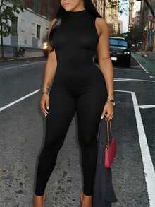 SHEIN SXY Plus Size Summer Sleeveless Tight Jumpsuit, Casual & Minimalist - Black - View 2