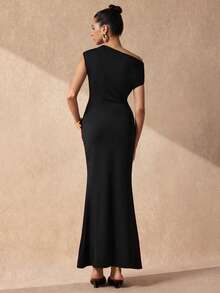 SHEIN Uhlyne Women's Black Gold Asymmetric-Neck Fitted Luxury High-End Metal Accessory Mermaid Long Dress Asymmetric Design Pleated Bodycon Evening Gown Sexy Dress - Black - View 5