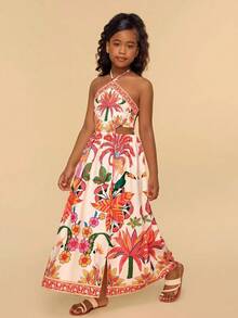 Travachic KIDS Tween Girl Summer Vacation Casual Floral Print Spaghetti Strap Dress - Multicolor - View 5