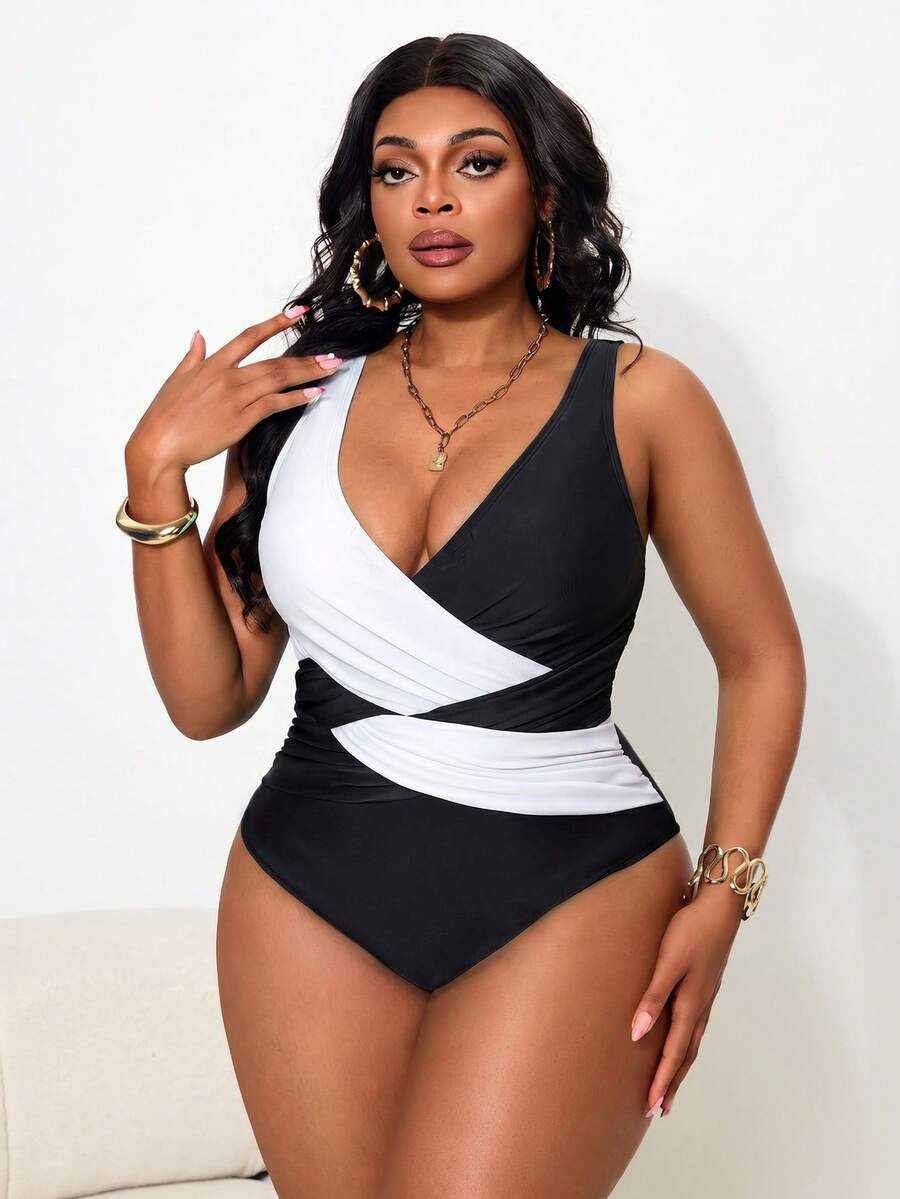 Slaydiva Plus Size Women's One-Piece Colorblock Spaghetti Strap Beach Vacation Bikini Swimsuit White Summer Sexy - Multicolor - View 1