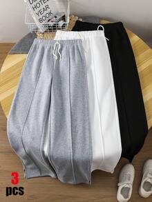 SHEIN 青少年男孩 3件/套 休閒舒適經典黑白灰寬鬆版型長褲套裝，買2送1，適合旅行、上學、休閒聚會，秋冬季節，開學季 - 彩色 - 查看 3
