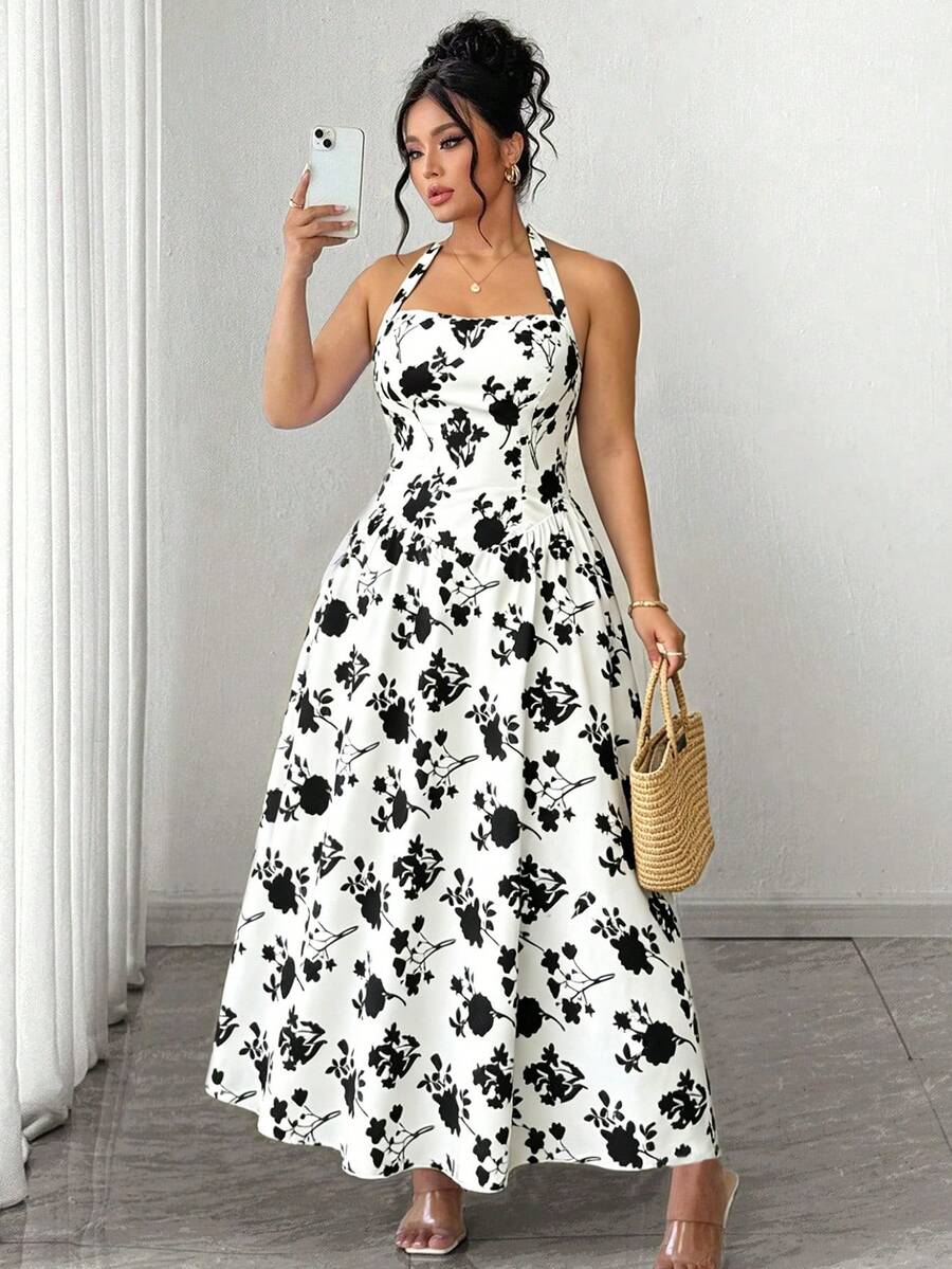 SHEIN Clasi Plus Size Brown Summer Boho Elegant Floral A-Line Dress,Retro Halter Tie-Up Sleeveless Tea Party Gym Holiday Beach Vacation Sundress - Black and White - View 1