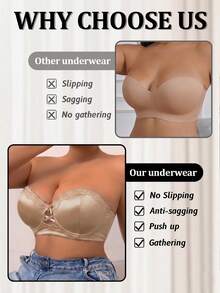 SHEIN Women's Plus Size Sexy Hollow-Out Lace Balcony Bra,Beige,Summer,Wedding Smooth Shiny Instantlift Bra With Transparent Straps & Wire-Supported Support - Apricot - View 6