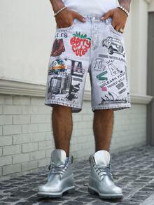 Manfinity EMRG Men's Hip Hop Street Style 3D Print Washed Denim Shorts - Grey - View 4
