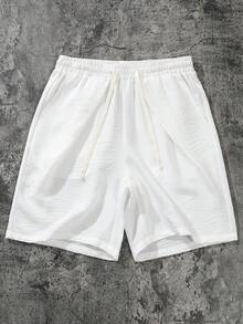 Manfinity Swimmode 男士純色抽繩腰口袋休閒運動短褲，度假風 - 白色 - 查看 3