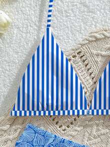 SHEIN Teen Girls 2pcs Reversible Swimwear Set, Halter Top With Adjustable Buckle And Triangle Bikini Bottom, Shell & Stripe Print Knit Fabric, Casual Style For Summer Beach, Pool, Vacation, Summer Holiday Party - Multicolor - View 7