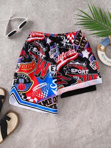 SHEIN Kids Tween Boy Japanese & Korean Style Casual Versatile Comfortable Coconut Tree Print Pattern Loose Patchwork Tight Inner Lining Woven Loose Swim Shorts Beach Pants - Multicolor - View 4