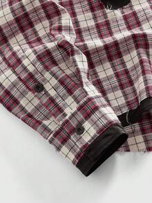 ROMWE MEN Street Life Camisa casual versátil de uso diario para hombre, a cuadros, con efecto desgastado y de un solo pecho - Burdeos - Ver 4