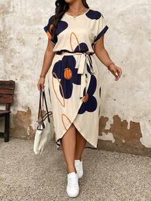 Plus Size Women's Solid Color Round Neck Batwing Sleeve Short Sleeve Asymmetrical Hem Casual Dress, Summer Long Length Women's Outfit - Multicolor - View 1