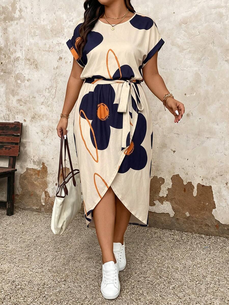 Plus Size Women's Solid Color Round Neck Batwing Sleeve Short Sleeve Asymmetrical Hem Casual Dress, Summer Long Length Women's Outfit - Multicolor - View 1