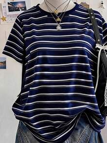 Camiseta de manga corta con estampado de monstruo digital a rayas azul para adolescentes, casual y cómoda para primavera/verano, moda, adecuada para actividades al aire libre, picnics, fotografía callejera, hogar, escuela, festivales, regalos, diseño de rayas minimalista clásico americano retro - Multicolor - Ver 5