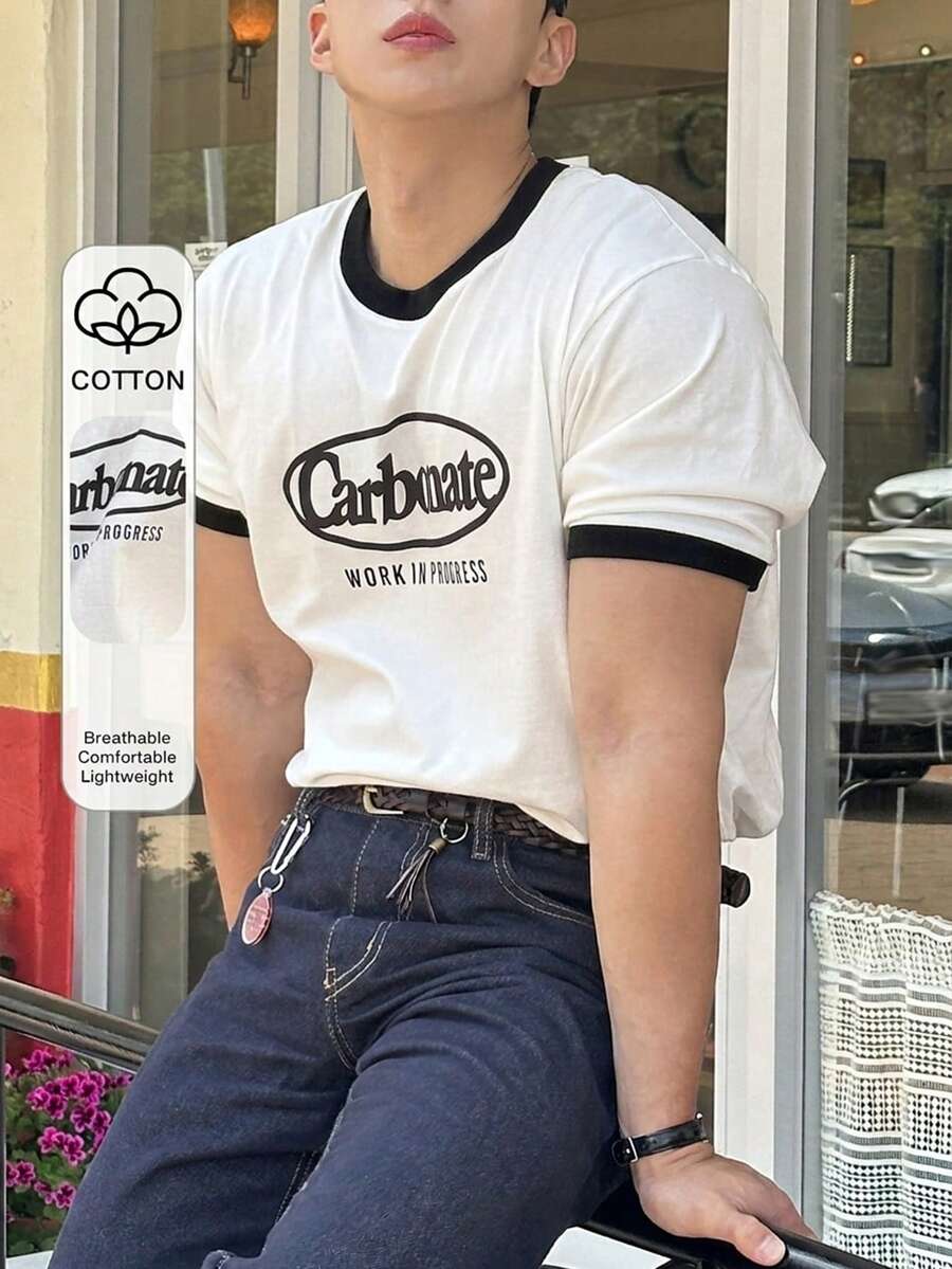 DAZY Summer Letter Print Color Block Short Sleeve Men's T-Shirt - Multicolor - View 1