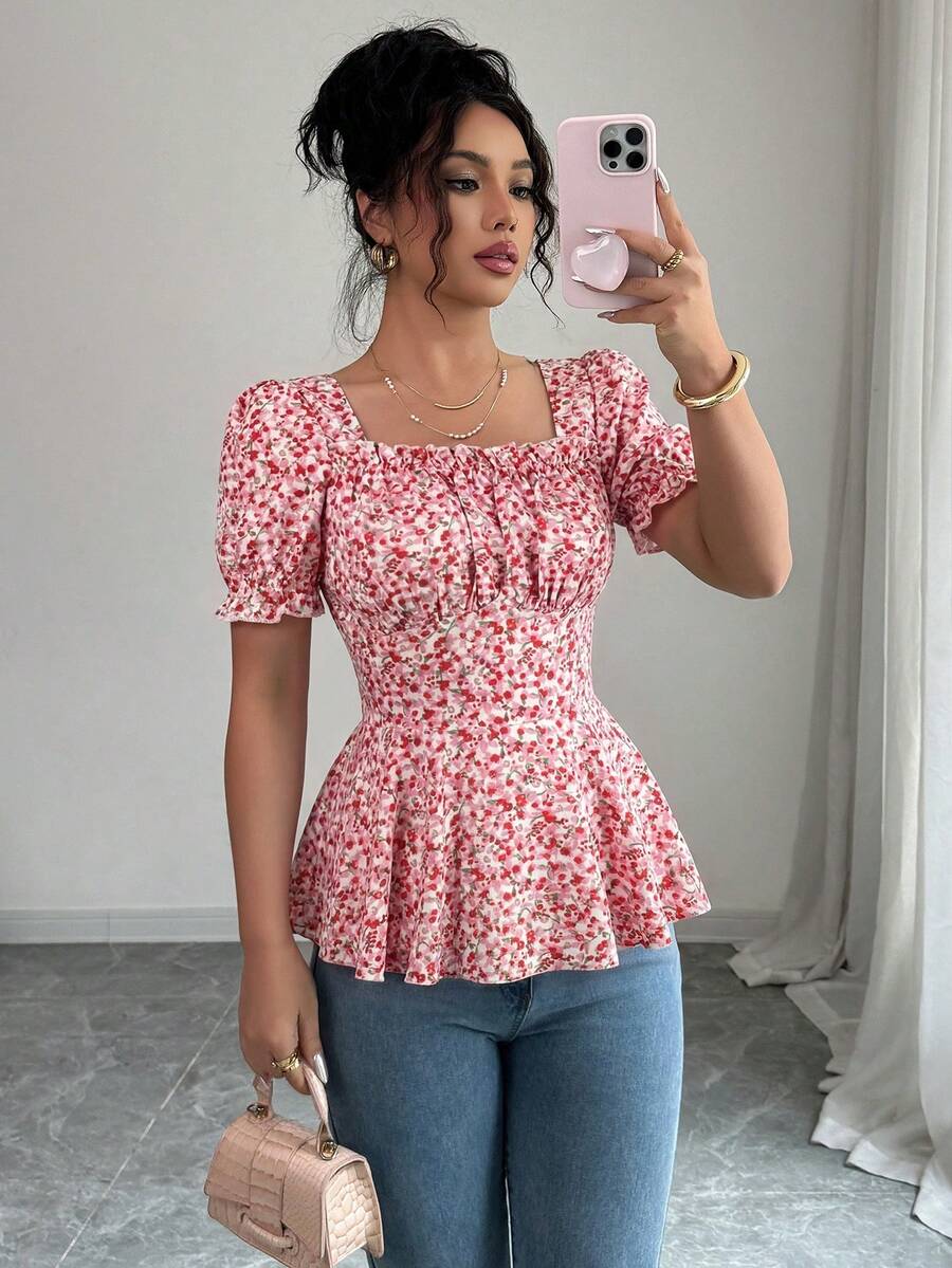 Elenzga Spring/Summer Elegant Vacation Bust Detail Square Neck Waist-Defining Women's Blouse - Multicolor - View 1