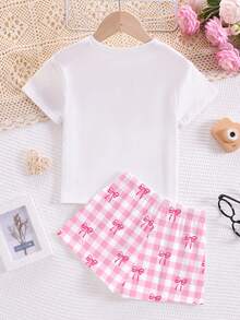 Tween Girl Casual Cute Shiny Textured Cartoon Kitty Cat Pattern, Pink And White Bow, Plaid, Round Neck Short Sleeve Shorts Loungewear For Summer - Multicolor - View 3