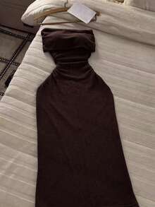 Resyla Women's Solid Color Strapless Pleated Elegant Long Dress - Coffee - View 4