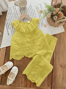 LMoss Kids 2件組少女編織素色刺繡荷葉領吊帶上衣與長褲套裝 - 黃色 - 查看 6