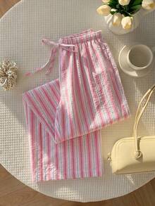 Comfortcana Women's Summer Vacation Pink Striped Long Pants - Pink - View 3