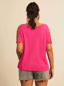 Freevana Plus Size Women's Solid Color Casual Versatile Everyday T-Shirt - Hot Pink - View 2