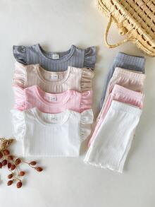SHEIN Playful Pals 8件組/女嬰0-3歲春夏季新品休閒日常外出可愛素色針織不對稱羅紋短袖背心T恤上衣與短褲8件套裝 - 彩色 - 查看 3