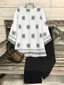 EMERY ROSE Standard Size Women's Retro Pattern Placement Print V-Neck Coconut Button Pocket 3/4 Sleeve Top + Straight Leg Pants 2 Pieces Set Black And White Black - Black and White - View 2