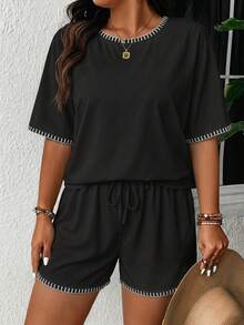 SHEIN Frenchy Conjunto de 2 piezas de camiseta y pantalones cortos de talla grande con bloques de color, bordado de concha, nuevo para vacaciones de verano - Multicolor - Ver 6