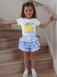 Emery Rose Kids Emery Rose Kids 少女圓領字母檸檬印花短袖T恤與格紋分層短褲休閒日常套裝 - 藍色 - 查看 6