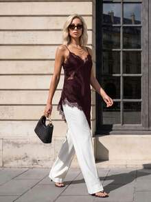 Sinnesro Spring/Summer Lace Satin Top, Casual Vacation Style, Vintage, Commuting Night Out, Sexy Home, Petite Women Shades Of Brown - Rust Brown - View 4