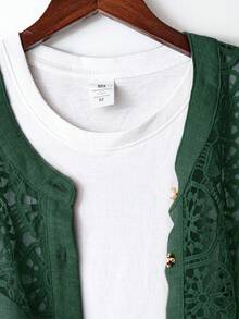 EMERY ROSE Plus Size Women's Solid Color Linen Blend Round Neck Lace Patchwork Full Button Front Mid-Sleeve Casual Elegant Comfortable Shirt + Pants 2pcs Set - Dark Green - View 4