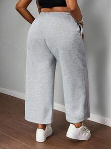 SHEIN PETITE CURVE 大码女式纯色抽绳腰阔腿宽松休闲运动裤 - 淺灰色 - 查看 3