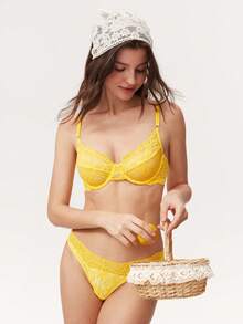 Elorette French Floral Lace Romantic Elegant Bra + Thong Lingerie Set, Sexy Women's Underwear - Yellow - View 3