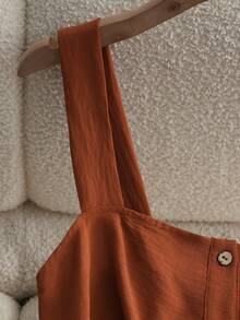 Franclia Damen Sommer einfarbiges ärmelloses Kleid, Minikleid mit Taillengürtel und Knopfleiste, geeignet für Urlaub, Pendeln und Dates - Braun - Übersicht 6