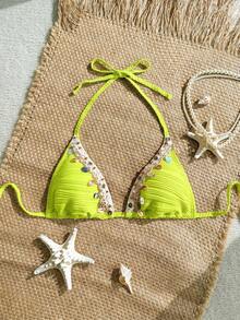 SHEIN Swim Vcay 女款紋理面料亮片貝殼飾邊可愛性感度假海灘泳裝上衣 - 橄欖綠 - 查看 3