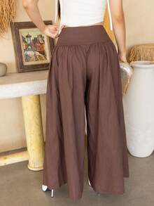 Andrea Bello Vintage Low-Waist Wide-Leg Pants, Draping Slimming Effect, Casual Coffee-Colored Pure Cotton Trousers, Suitable For Vacation, Casual Wear, Summer - Coffee Brown - View 3