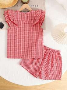 SHEIN LMoss Kids 2pcs/Set Tween Girls' Red Casual Comfortable Round Neck Ruffle Blouse And Pants Set - Red and White - View 2