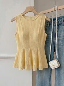 Modelyn Women's Spring/Summer Pale Yellow Woven Lace Sleeveless Waist-Cinching A-Line Commuter Frenchy Elegant Casual Tank Top Brunch Date - Yellow - View 7