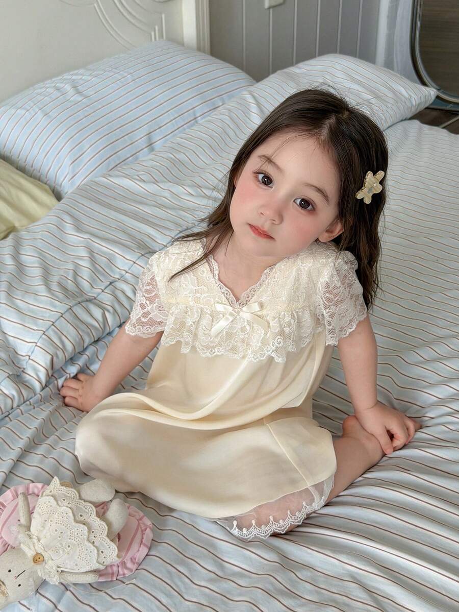 DAZY Baby Girl Lace Patchwork Short Sleeve Loungewear Dress Summer Toddler - White - View 1